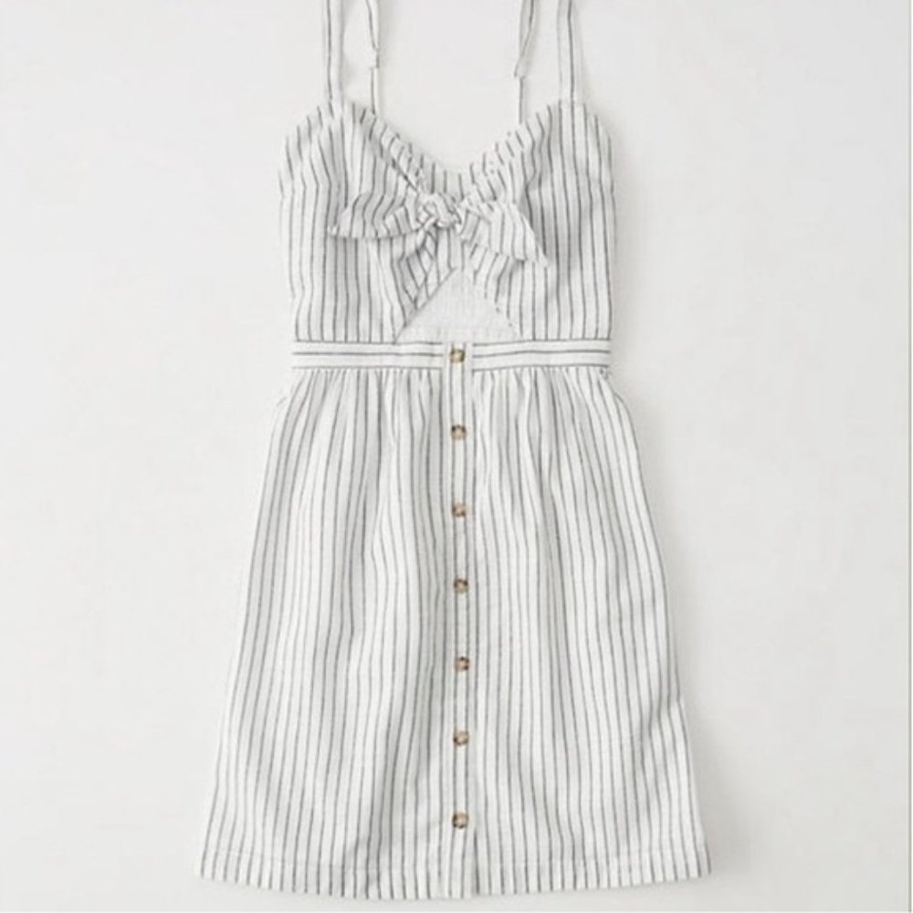 Abercrombie Gray & White Striped Cutout Tie Button Dress, Small Tall